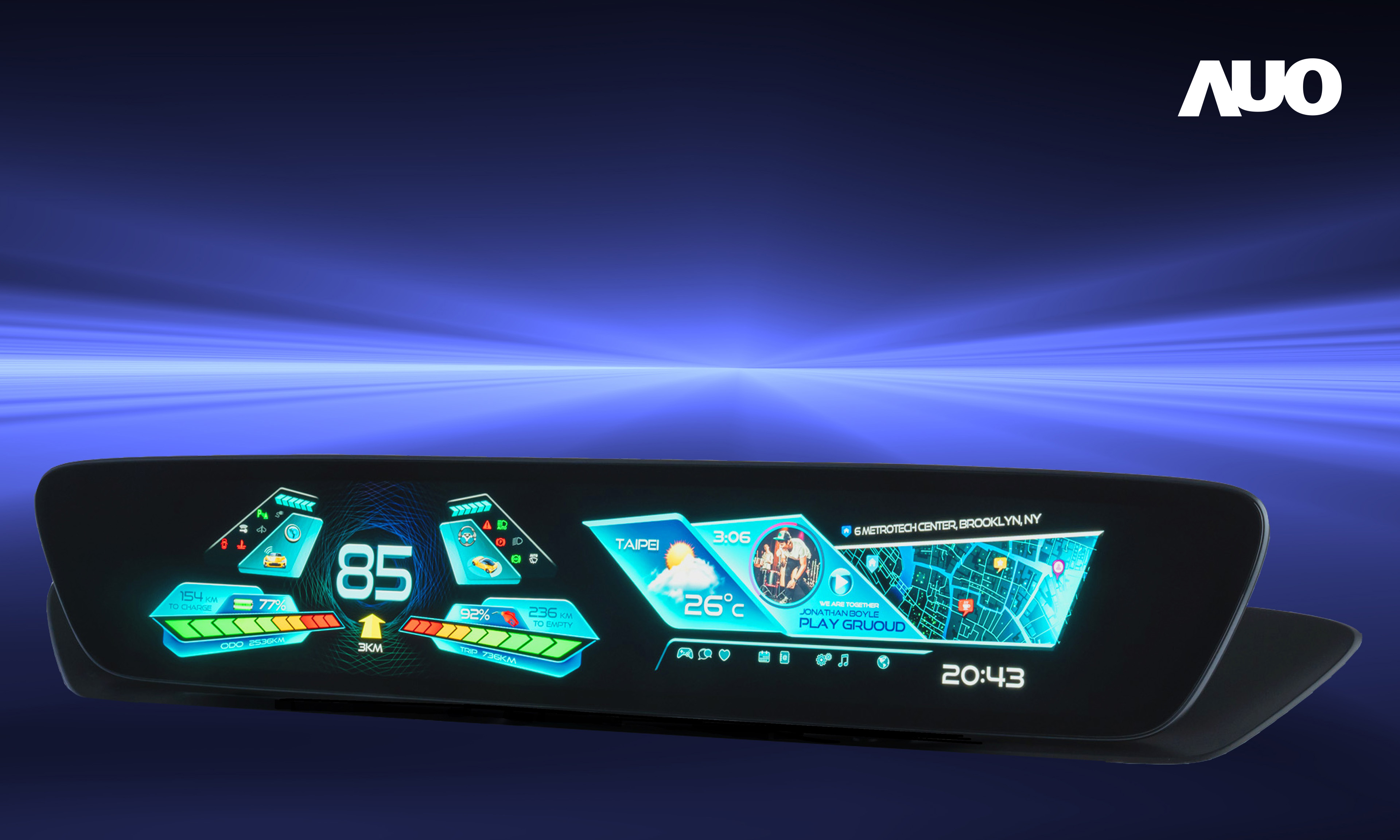 友達30.4吋異形曲面AmLED車載顯示系統，為一兼具儀表板及中控台人機介面的創新車載顯示系統，結合美學設計，提升車內科技沉浸感及使用體驗，讓車載顯示的未來應用更加多元化