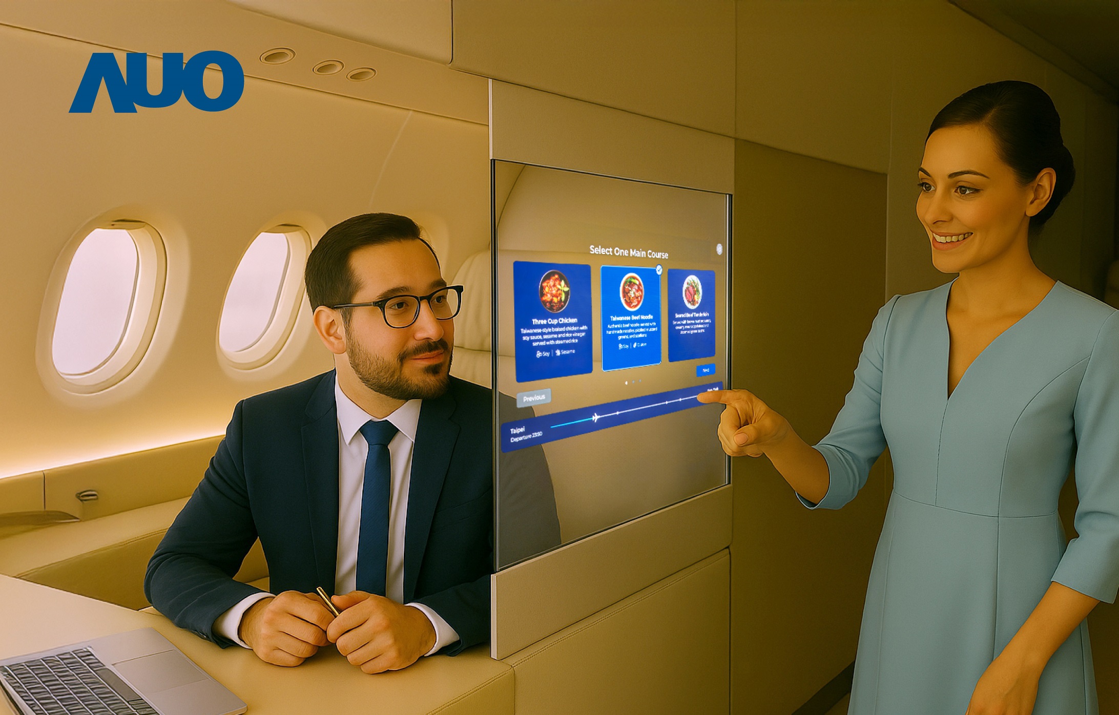 友達研發全球最薄17.3 吋雙面透明 Micro LED 顯示器，可在同一螢幕之雙邊投射不同資訊，創造獨特的「透明化」互動；圖為即時翻譯交流應用情境