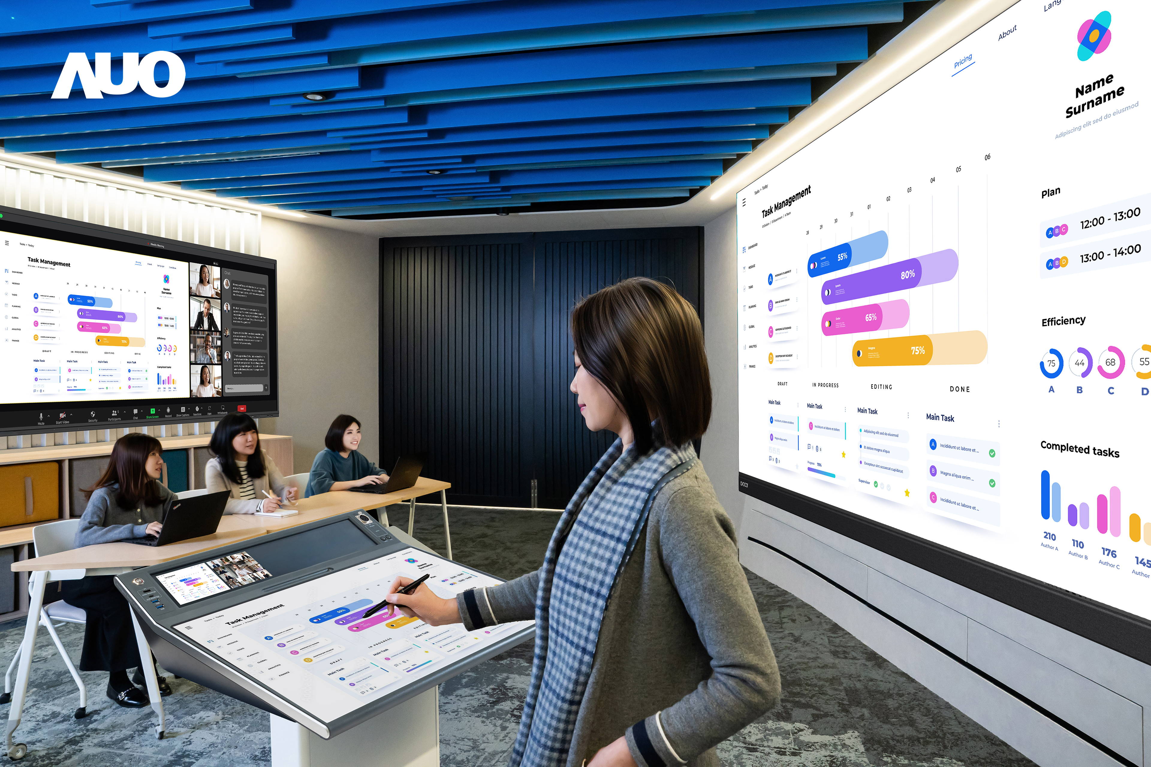 達擎攜手Avocor與Rise Vision展示全方位商務領域應用，包含採用模組化設計的138吋一體式All-in-One LED顯示器及具21:9超寬比例的92吋互動式電子白板（IFPD），講者可輕鬆分享內容，有效提升會議協作效率。